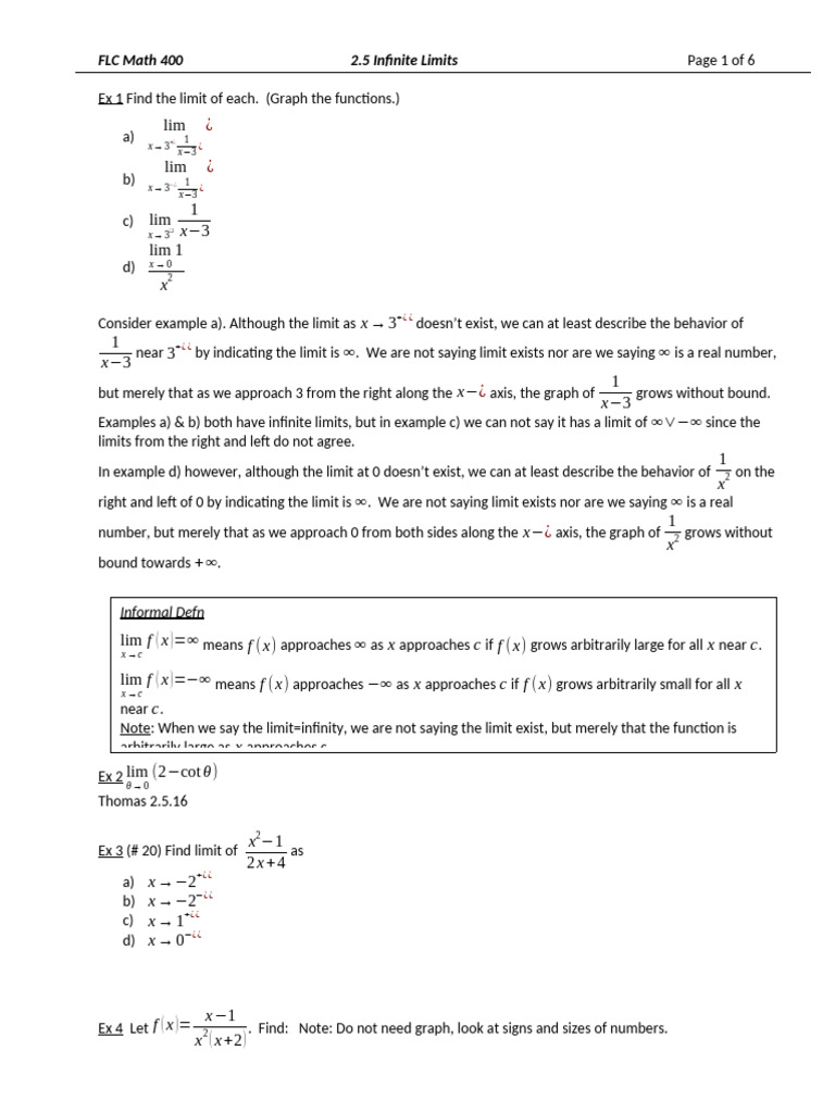 Infinite Limits in Calculus Explained | PDF | Asymptote | Infinity