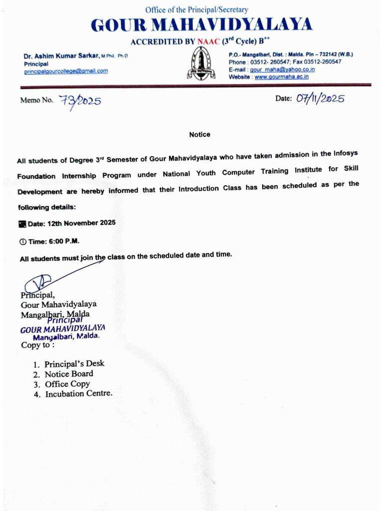 Infosys Internship Intro Class Notice | PDF