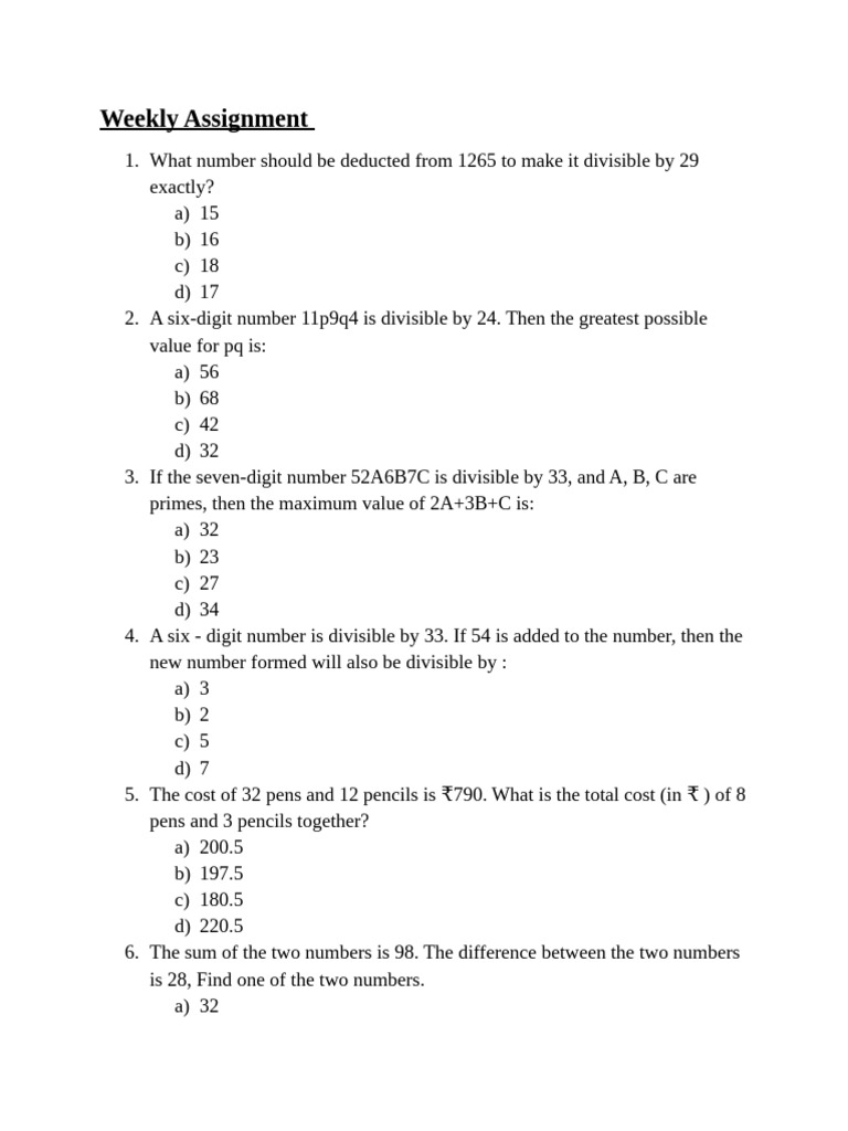 Weekly Math Assignment on Divisibility | PDF