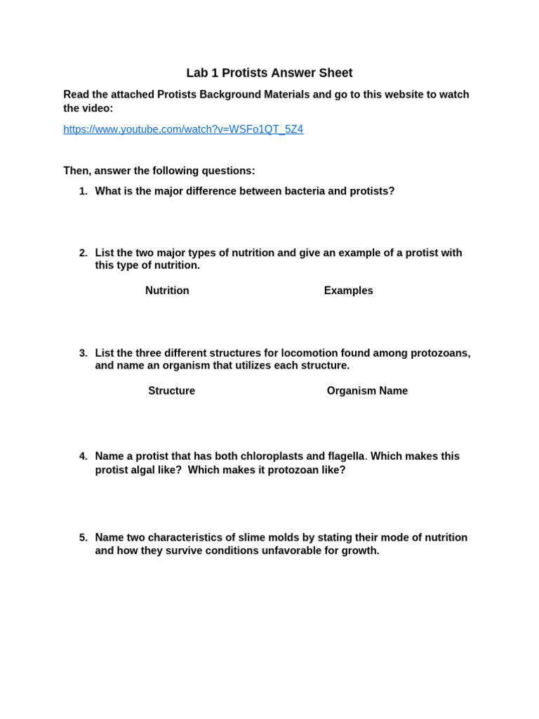 Protists Lab 1 Answer Sheet Guide | PDF