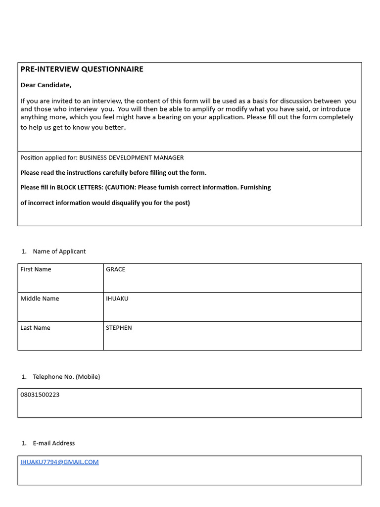 Pre-Interview Questionnaire for Candidates | PDF