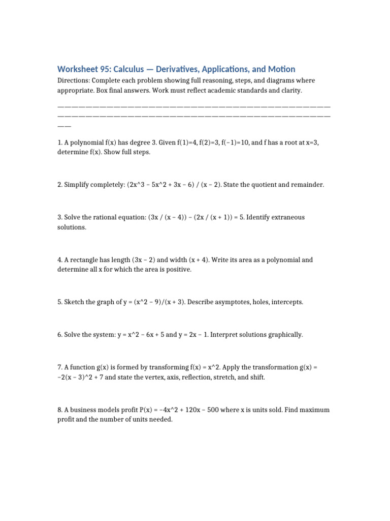 Calculus Derivatives and Applications Worksheet | PDF