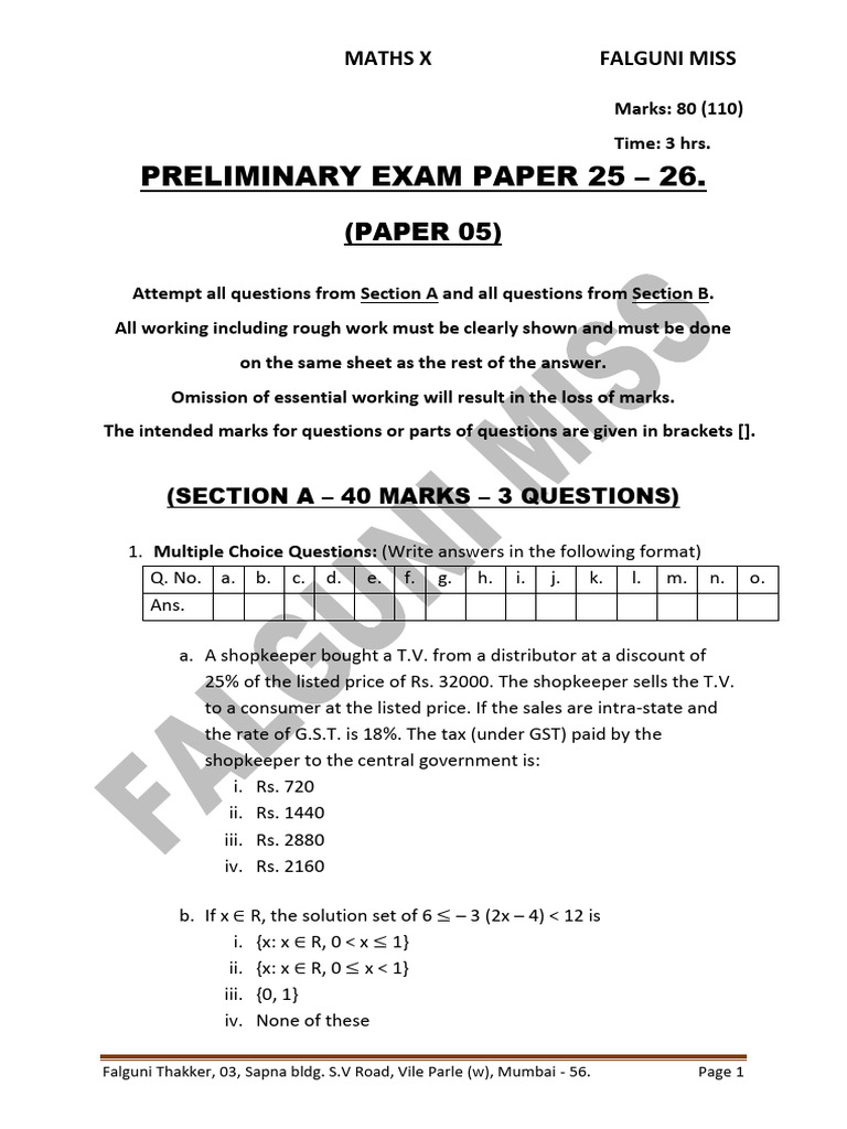 Maths Preliminary Exam Paper 2023 | PDF