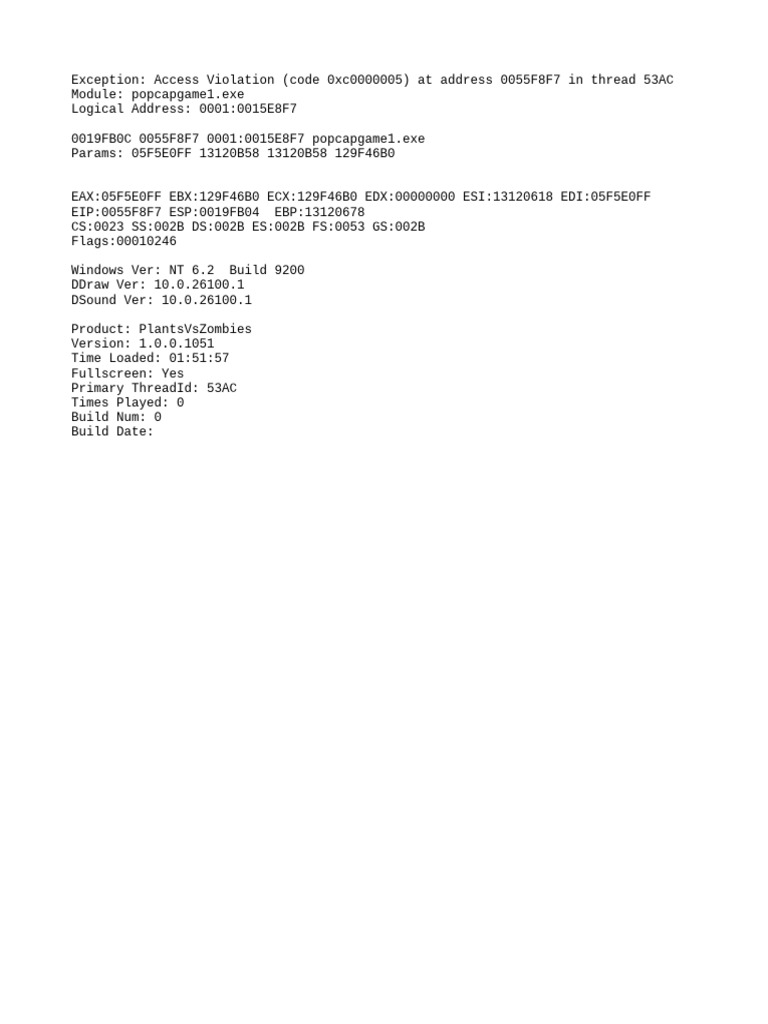 Access Violation Error in PlantsVsZombies | PDF