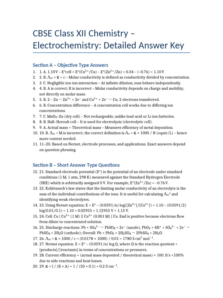 CBSE Class XII Chemistry Electrochemistry Key | PDF | Electrochemistry ...