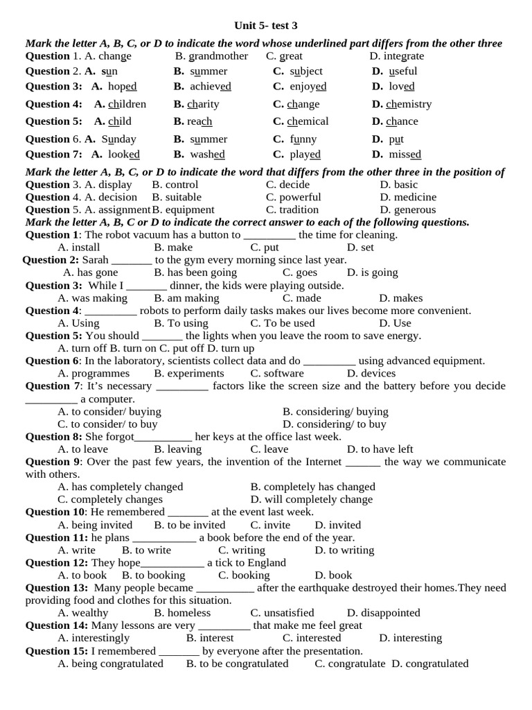 Unit 5 Test 3: Vocabulary and Grammar | PDF | Artificial Intelligence ...