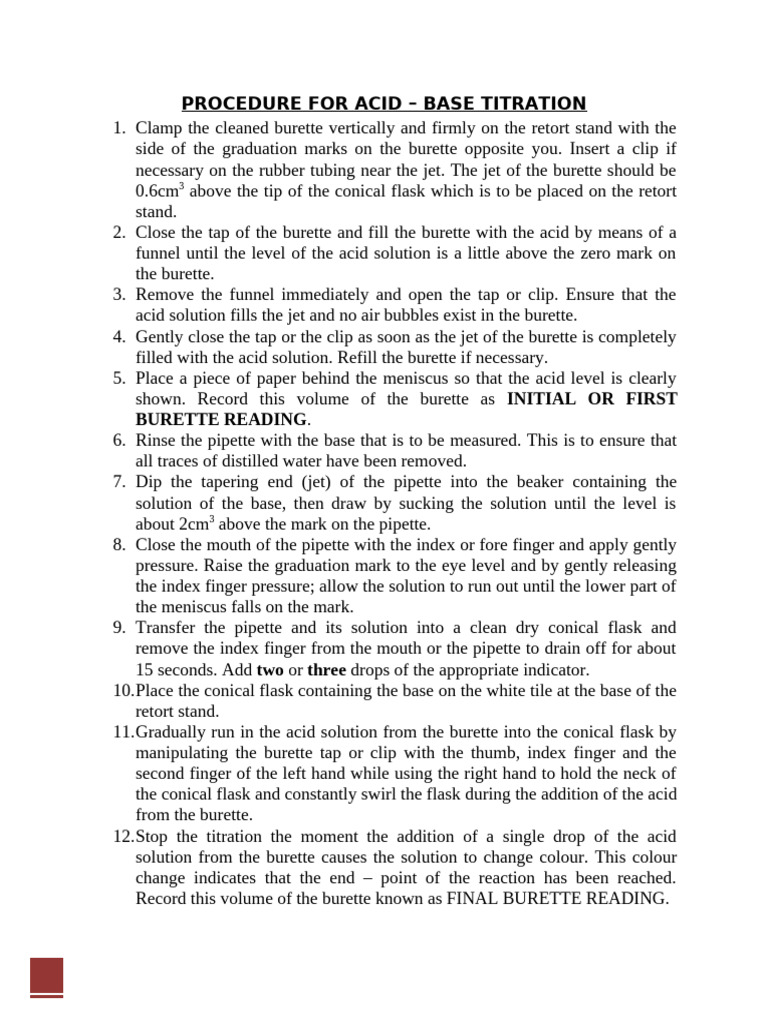 Acid-Base Titration Procedure Guide | PDF | Titration | Chemistry