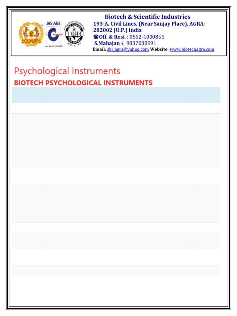 Biotech Psychological Instruments Catalog | PDF | Intelligence | Creativity