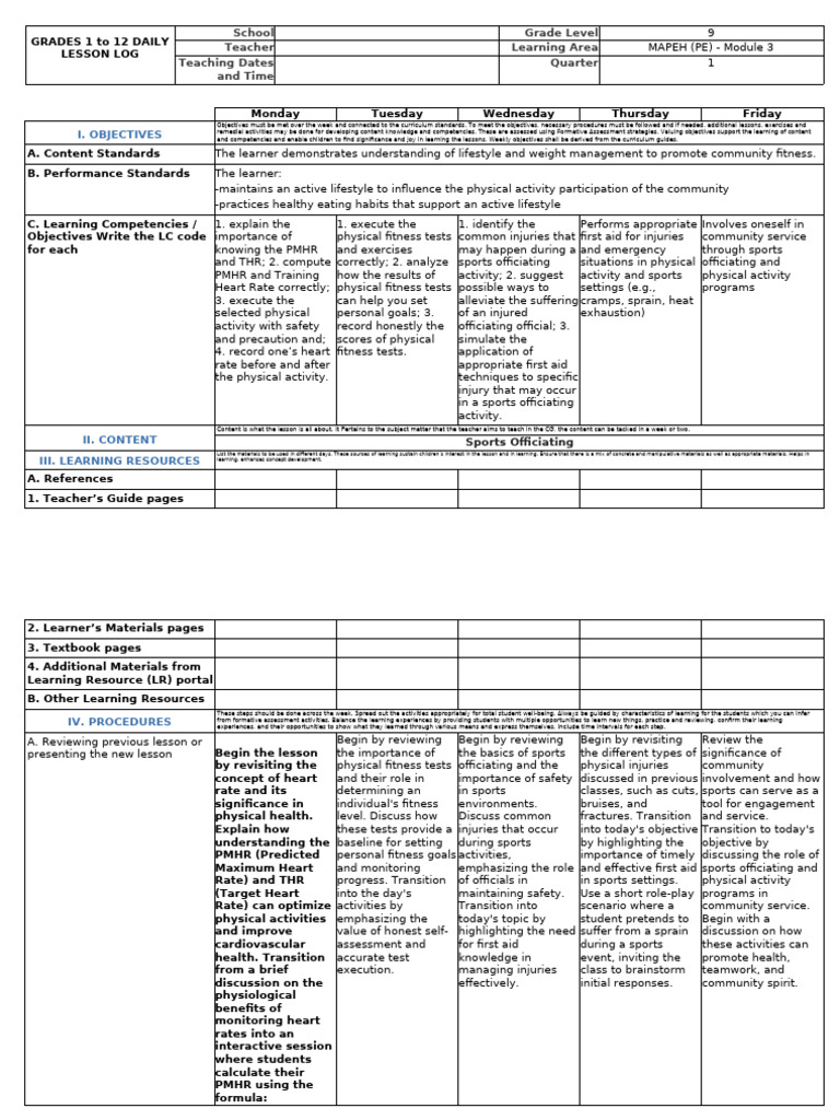 MAPEH Lesson Plan for Grade 9 | PDF | Physical Fitness | Learning
