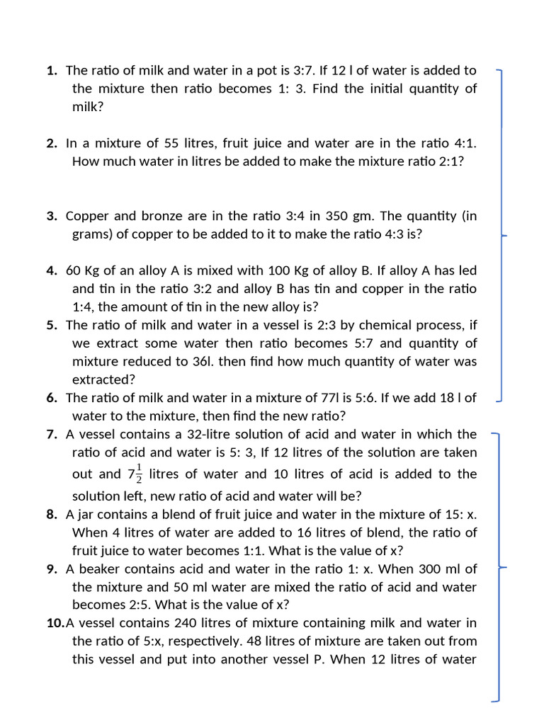 Mixture Ratio Problems and Solutions | PDF | Ratio | Concentration