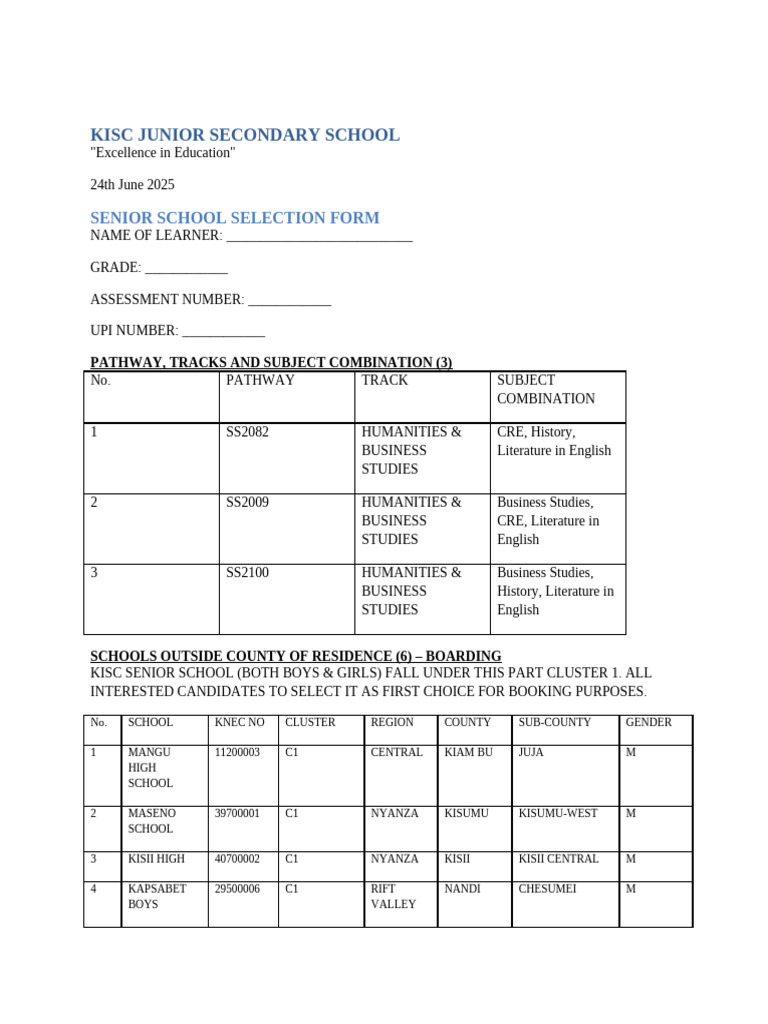 KISC Senior School Selection Form | PDF