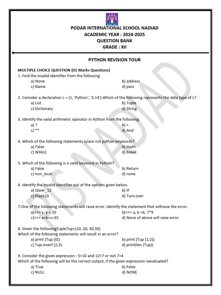 Python Revision Question Bank for Grade XII | PDF | Parameter (Computer ...