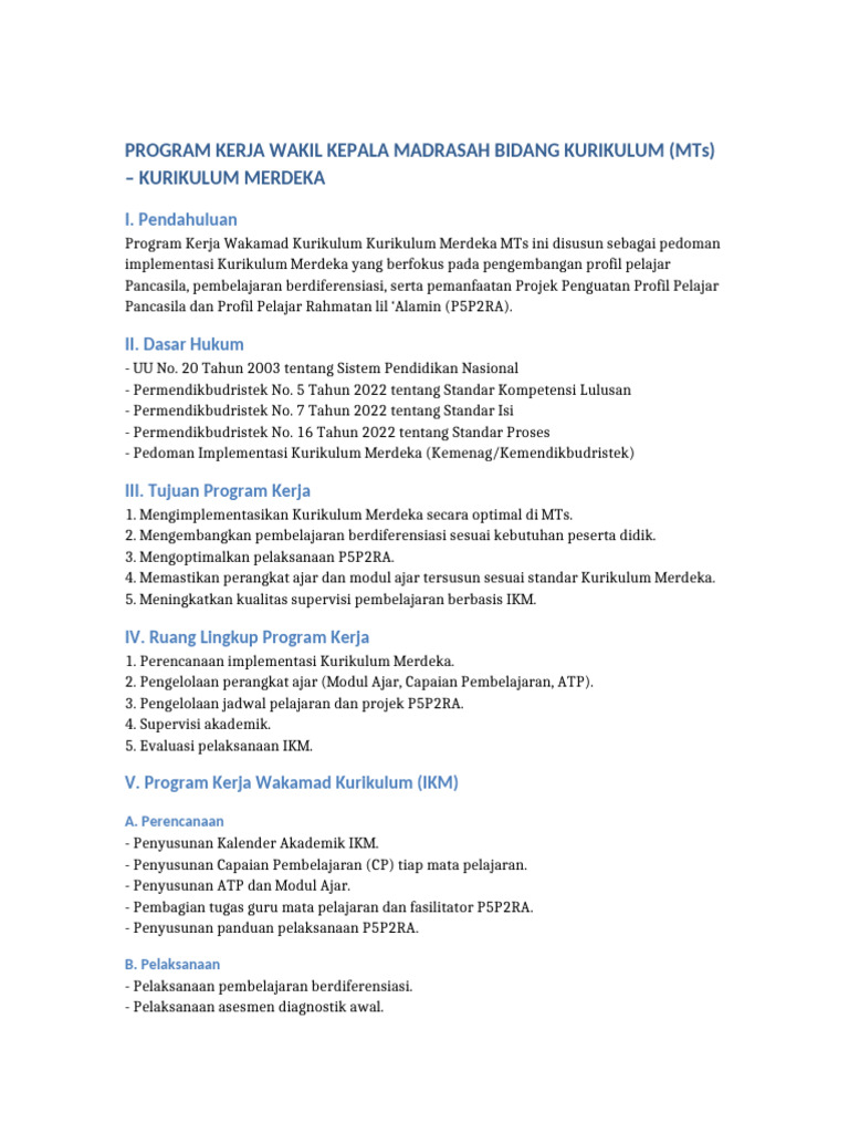 Program Kerja Kurikulum Merdeka MTs | PDF
