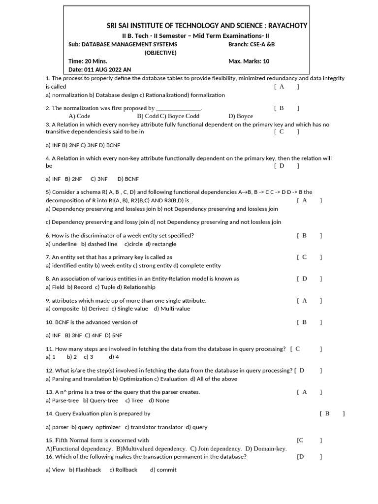 DBMS Mid Term Exam Questions | PDF | Database Transaction | Information ...