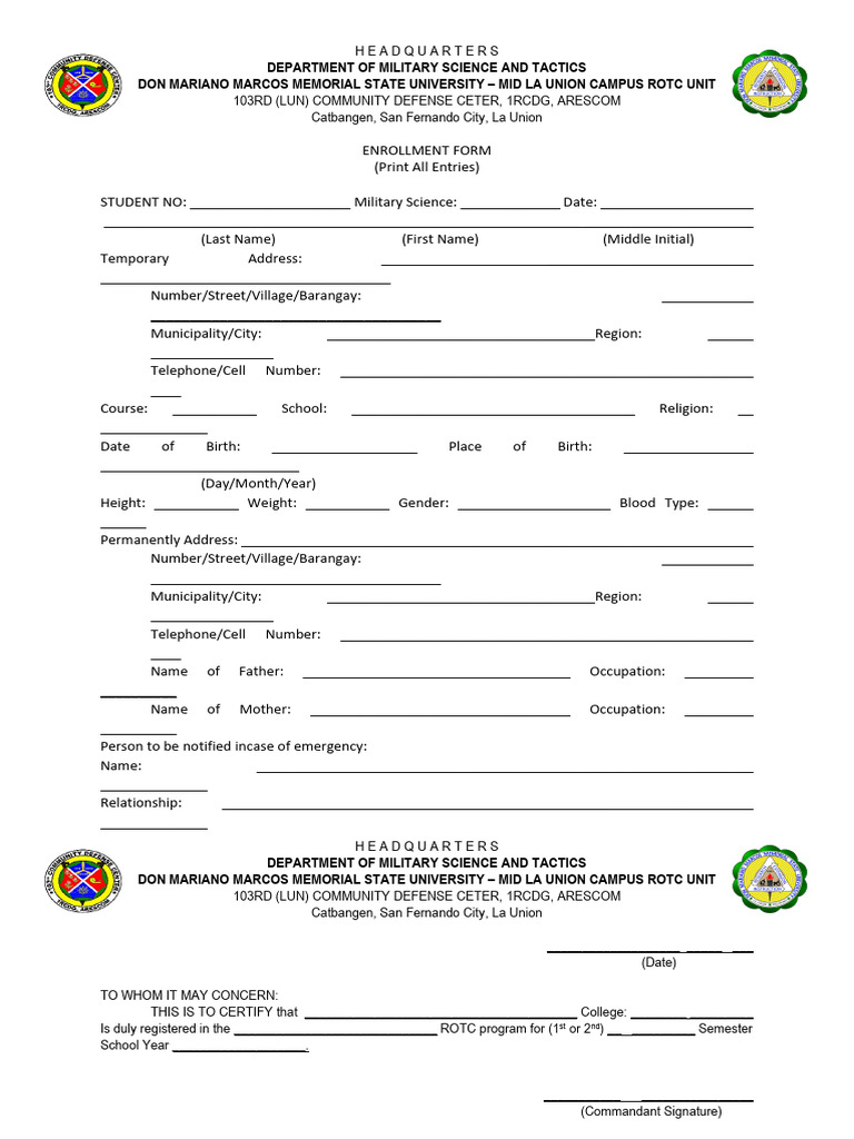 ROTC Enrollment Certification Form | PDF