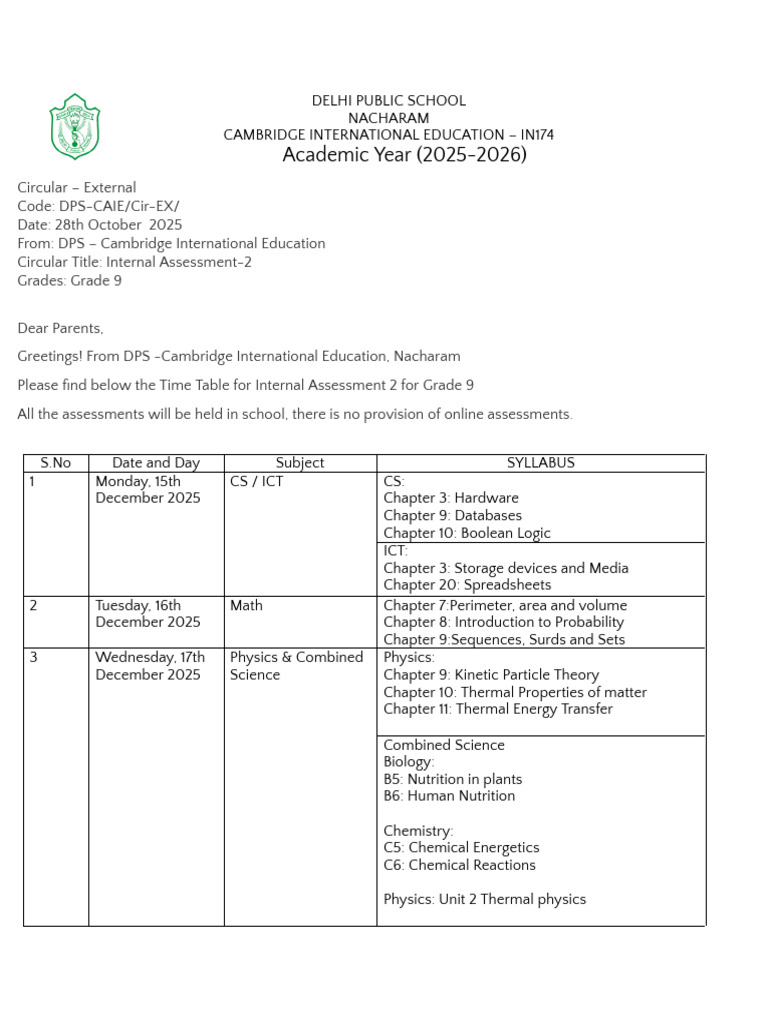 Grade 9 Internal Assessment Timetable | PDF | Physical Sciences | Chemistry