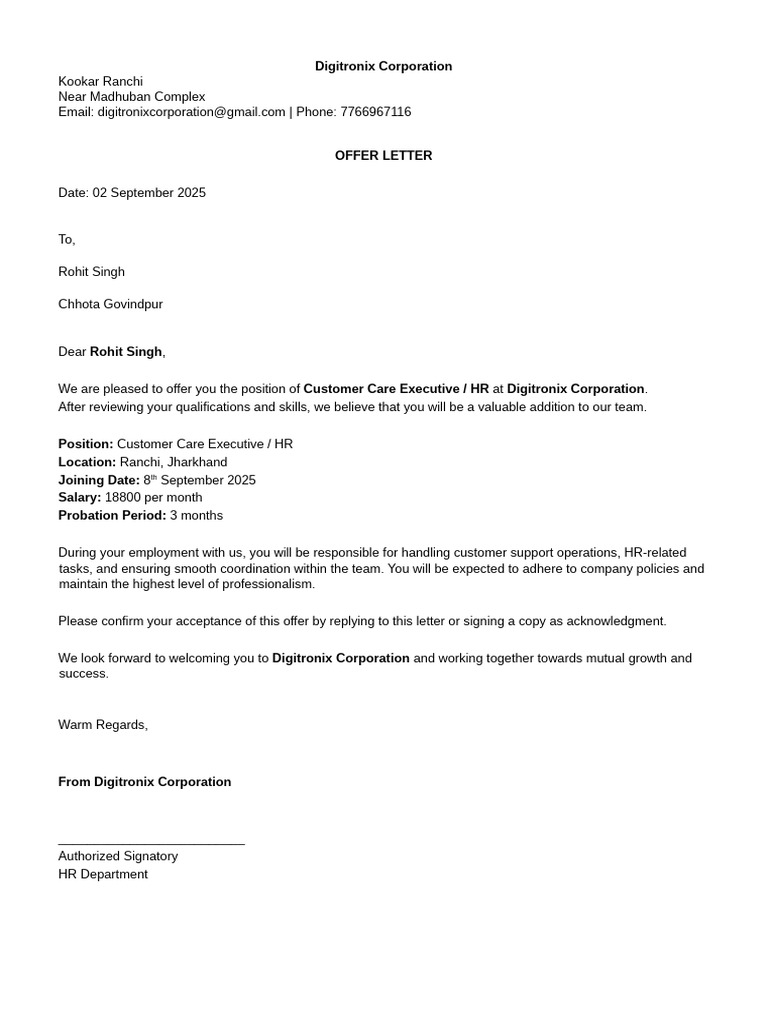 Digitronix Offer Letter | PDF