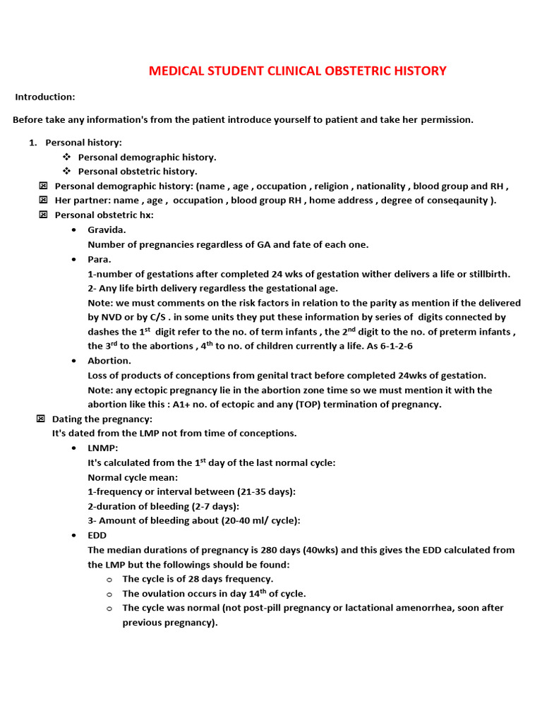 Medical Student Obstetric History Guide | PDF | Pregnancy | Childbirth
