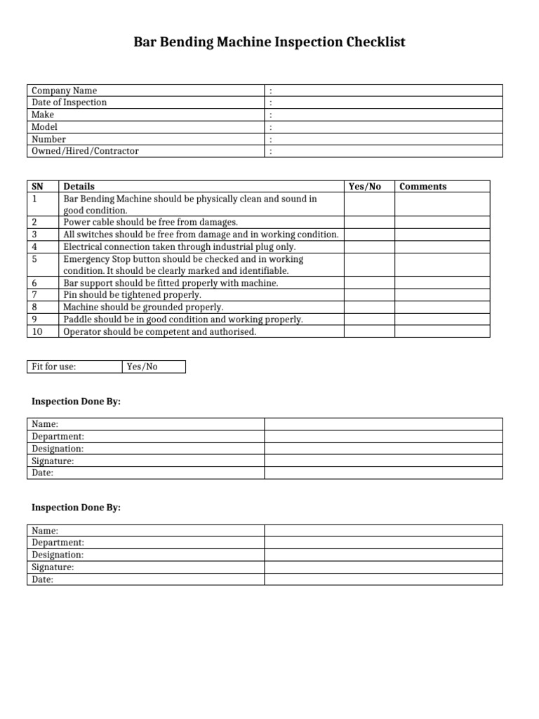 Bar Bending Machine Inspection Checklist | PDF