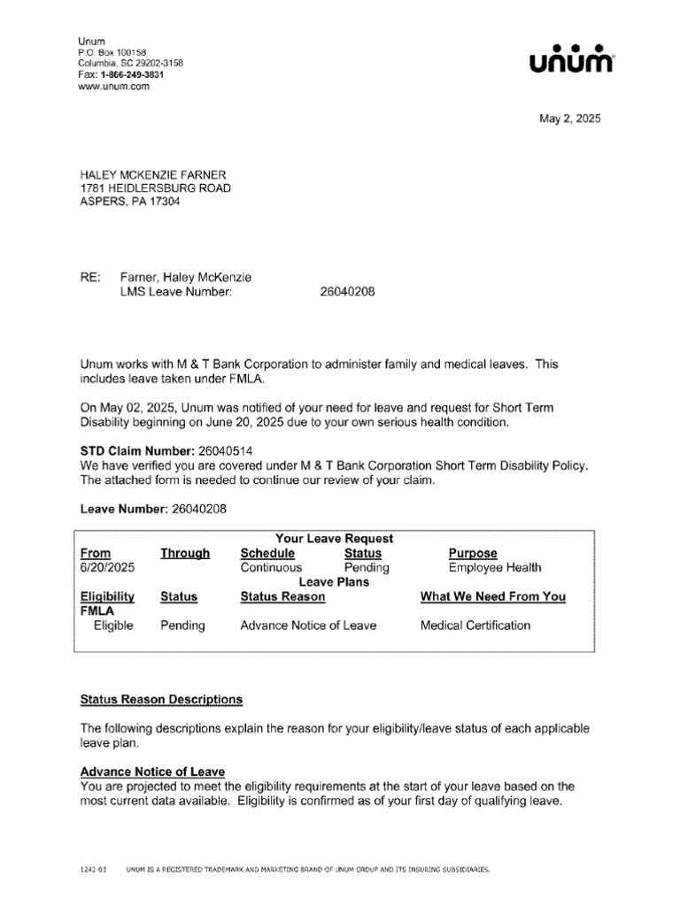 Unum STD Form | PDF