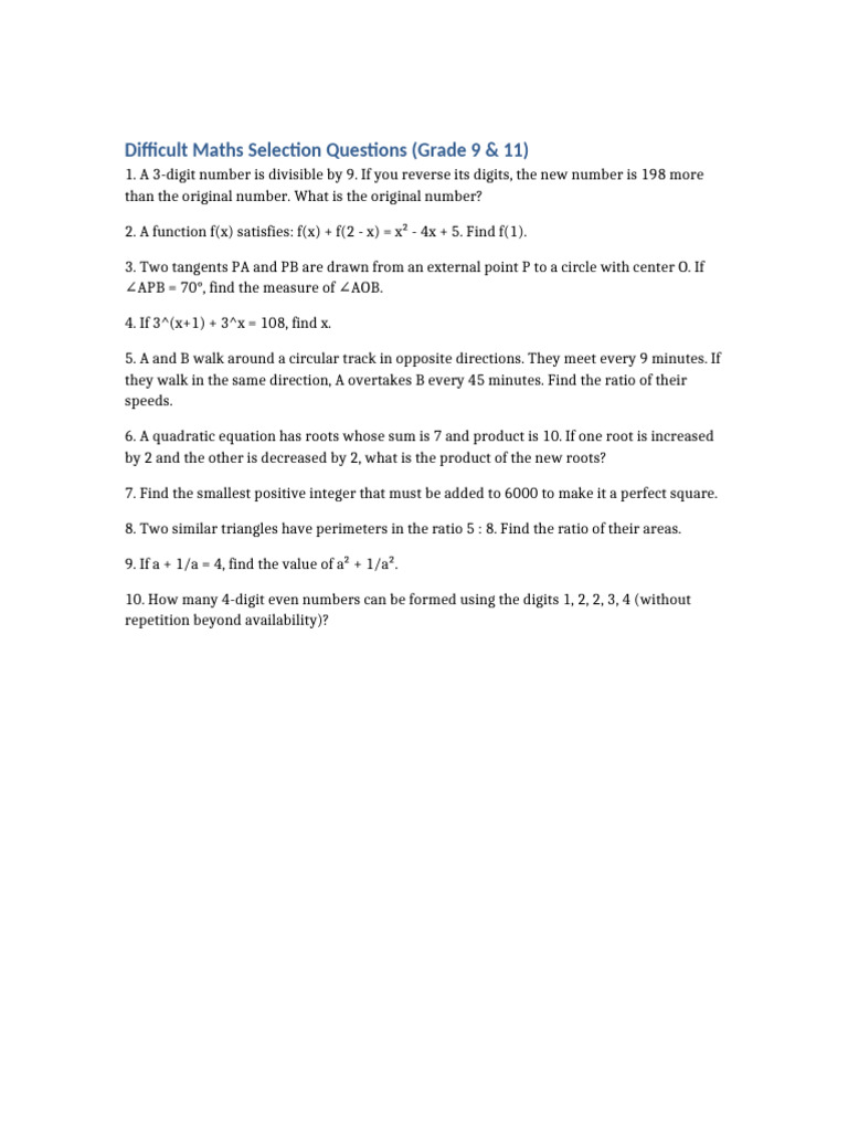 Challenging Grade 9 & 11 Math Problems | PDF