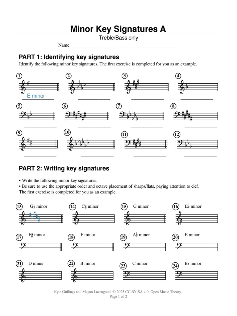 Minor Key Signatures Exercise | PDF | Minor Scale | Scale (Music)