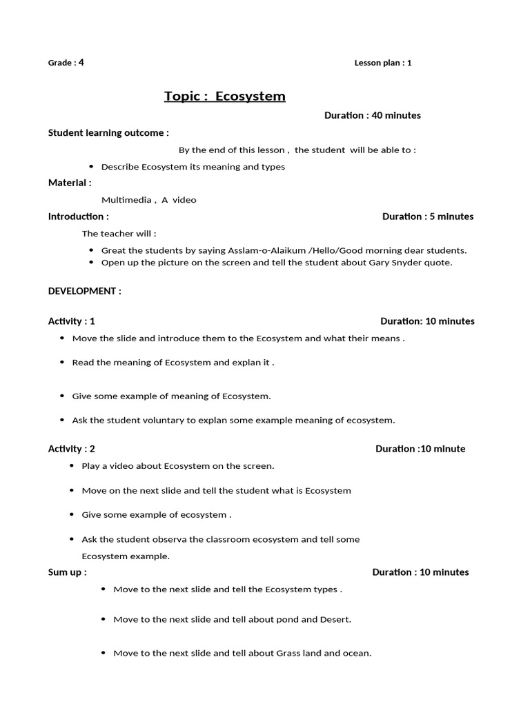 Grade 4 Ecosystem Lesson Plan | PDF