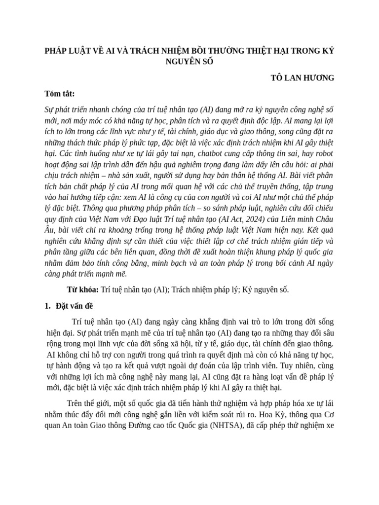AI VÀ BÀI TOÁN TRÁCH NHIỆM PHÁP LÝ TRONG KỶ NGUYÊN SỐ- KNLL | PDF
