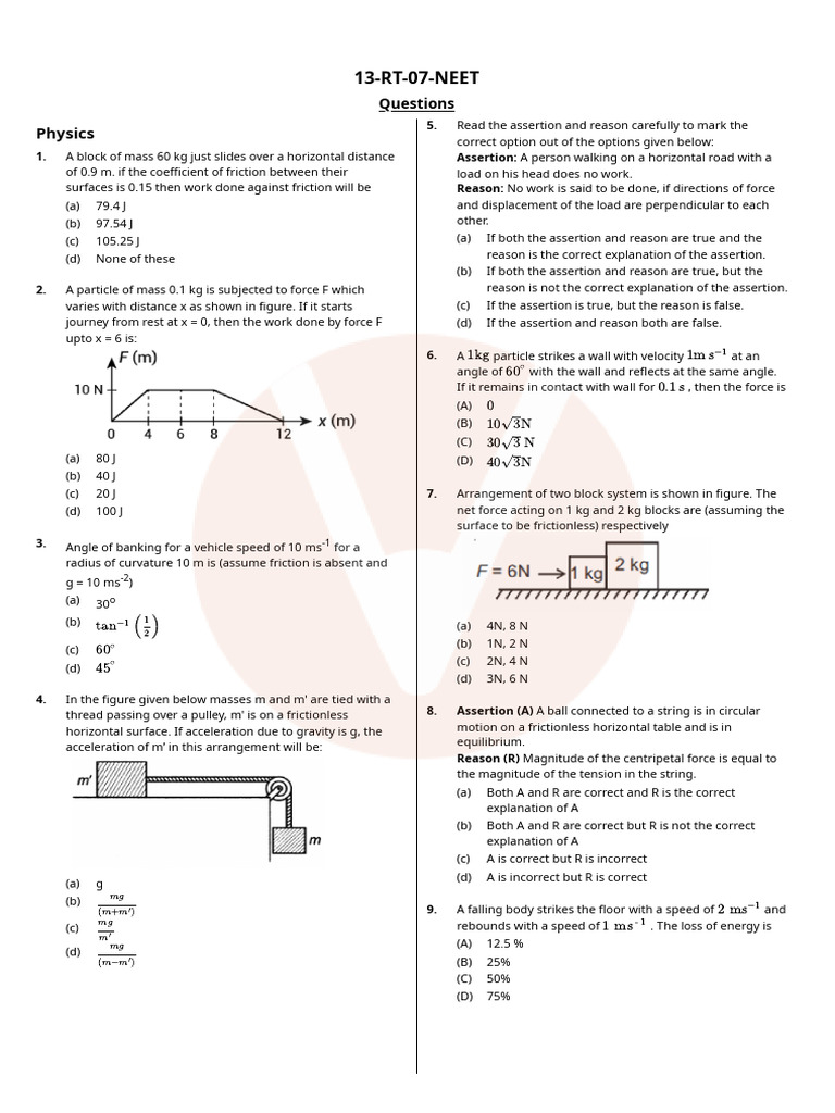 NEET Physics Questions and Solutions | PDF | Force | Acceleration