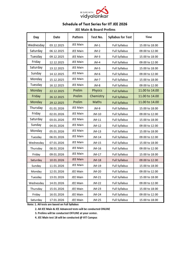 IIT JEE 2026 Test Series Schedule | PDF | Standardized Tests | Student ...