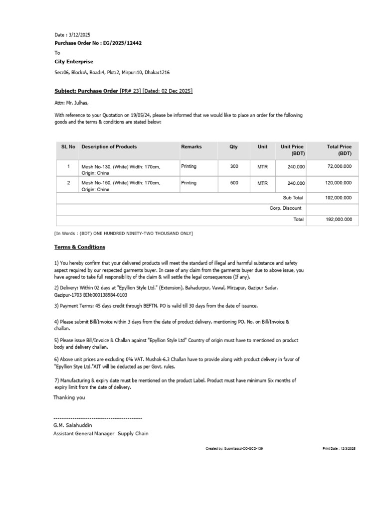 Purchase Order for Mesh Products | PDF | Invoice | Business