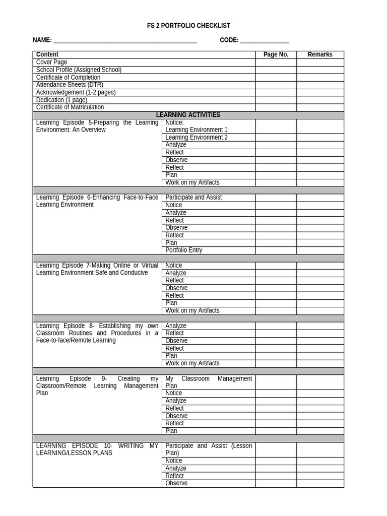 FS 2 Portfolio Checklist | PDF | Educational Assessment | Cognitive Science