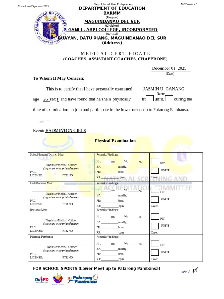 Medical Form 1 For Coaches Asst Coaches Chaperones v20255 | PDF ...