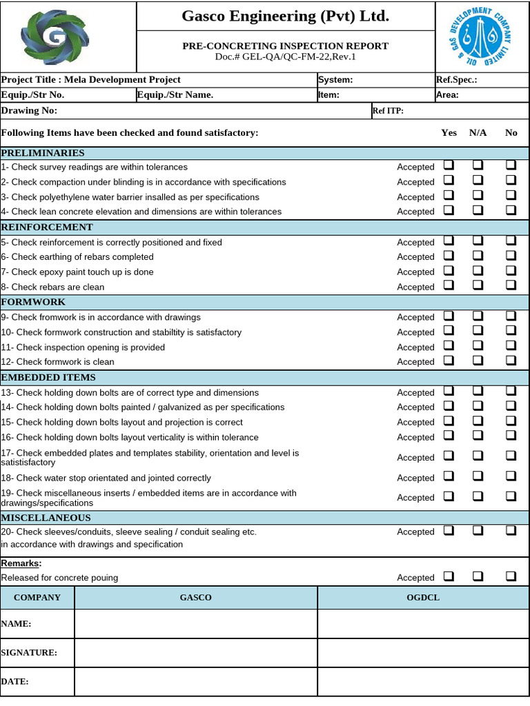 Pre-Concreting Inspection Checklist | PDF | Building Materials ...