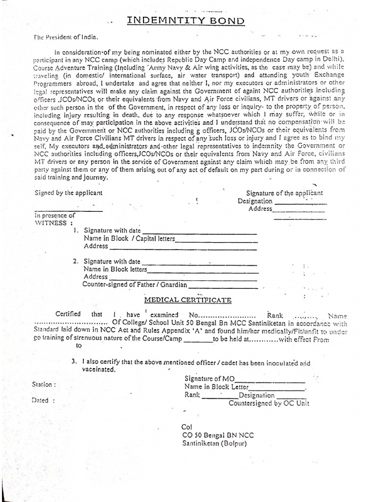 Indemnity Bond For NCC Camps | PDF