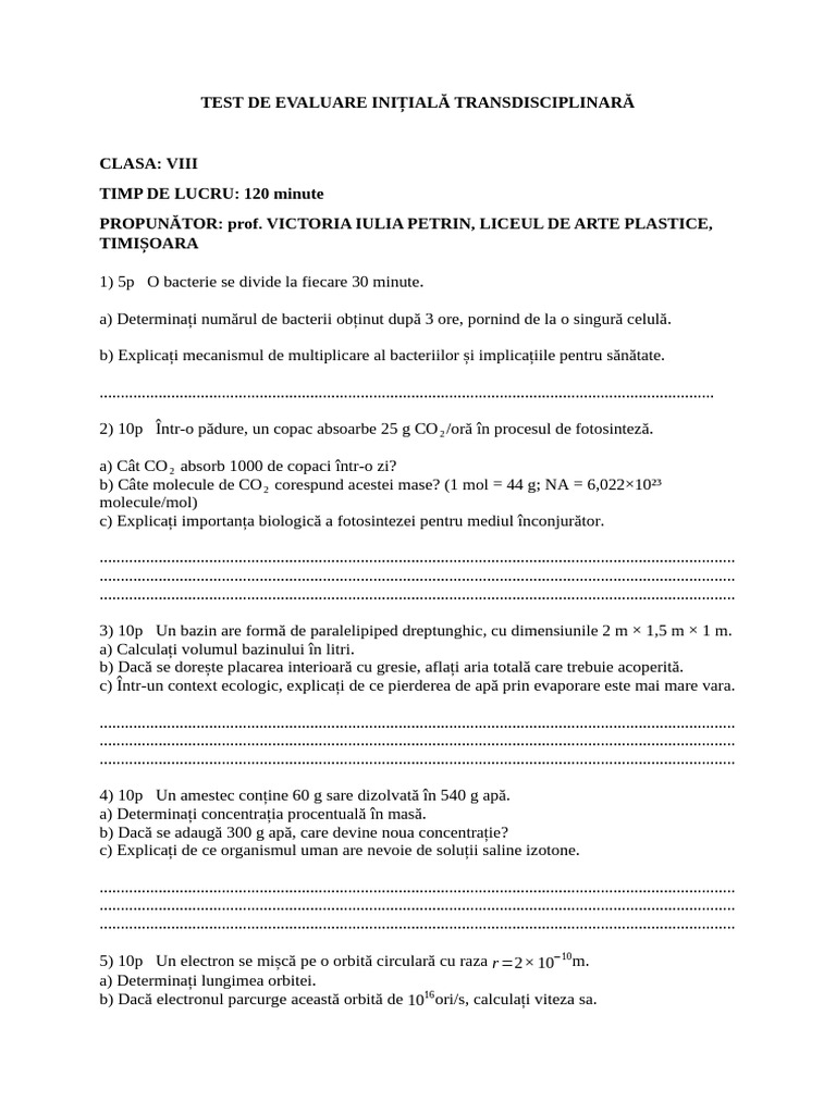 Clasa 8 Test de Evaluare Initiala | PDF