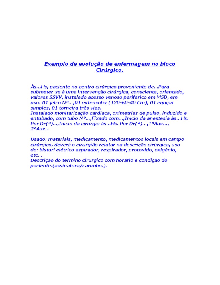 Exemplo de evolução de enfermagem no bloco cirurgico