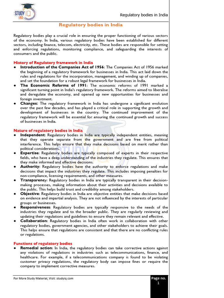 Overview of Regulatory Bodies in India | PDF | Reserve Bank Of India ...
