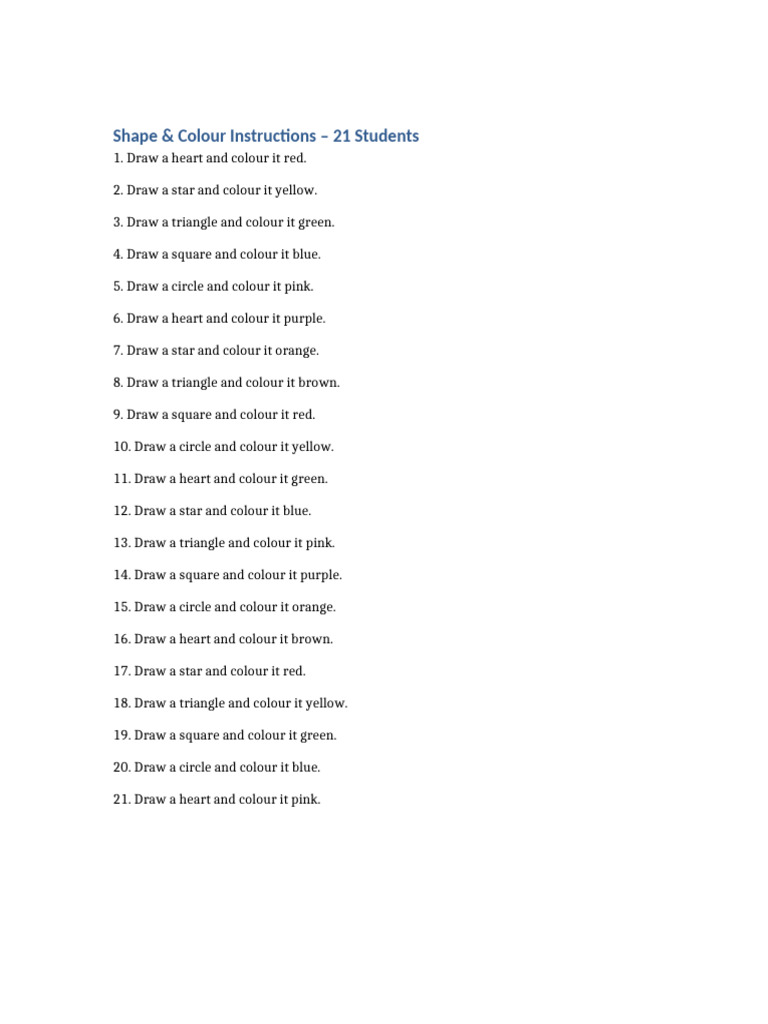 Shape Colour Instructions 21 Students | PDF