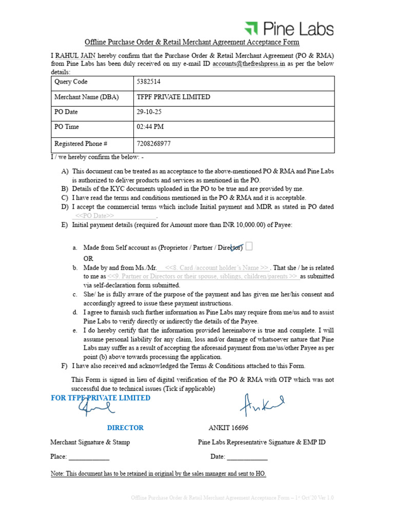 Offline Purchase Order Acceptance Form | PDF | Invoice | Payments