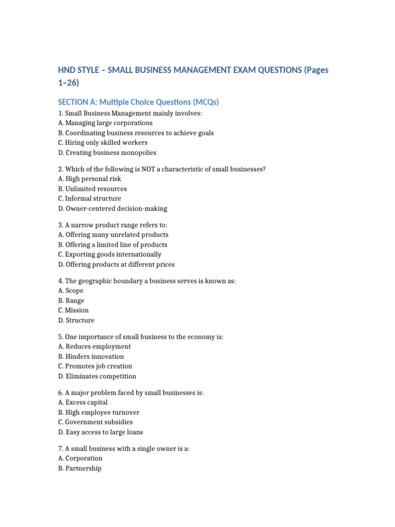 Small Business Management Exam Questions | PDF | Legal Liability ...