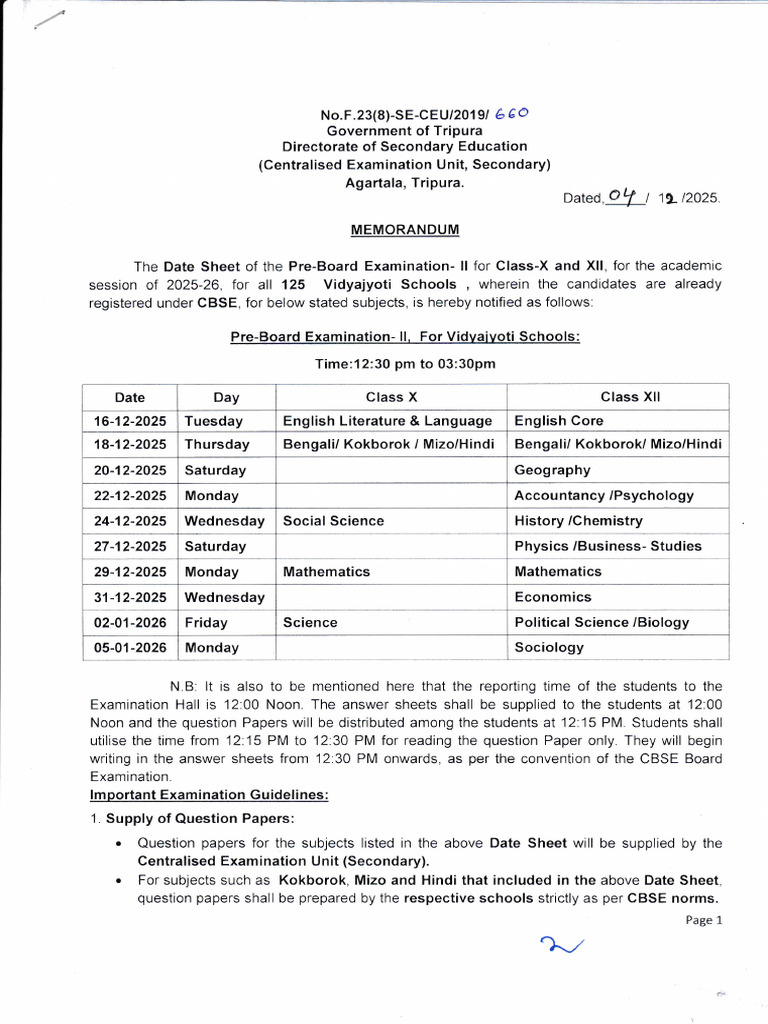 Tripura Class X & XII Pre-Board Dates 2025 | PDF