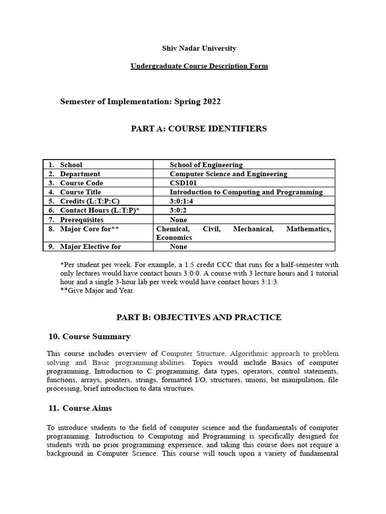 Course Description(CSD101) Spring2022.Docx | PDF | Computer Program ...