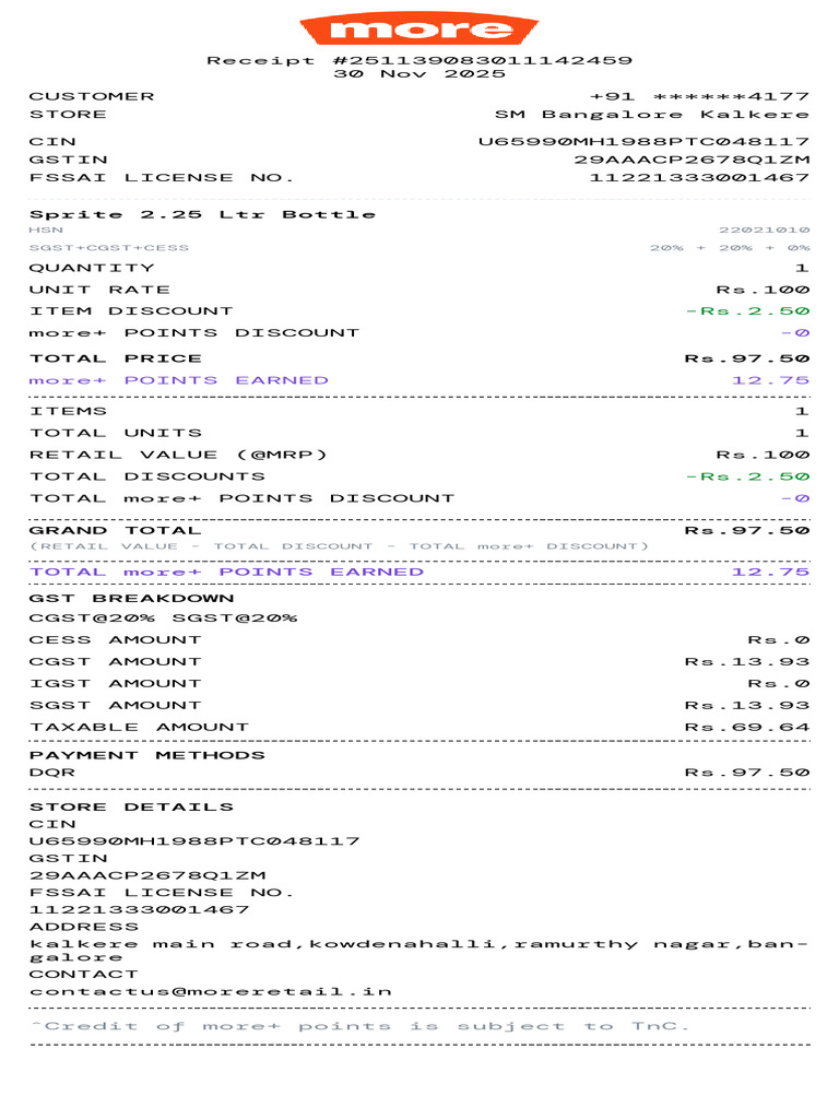 Bangalore Store Receipt for Sprite Purchase | PDF