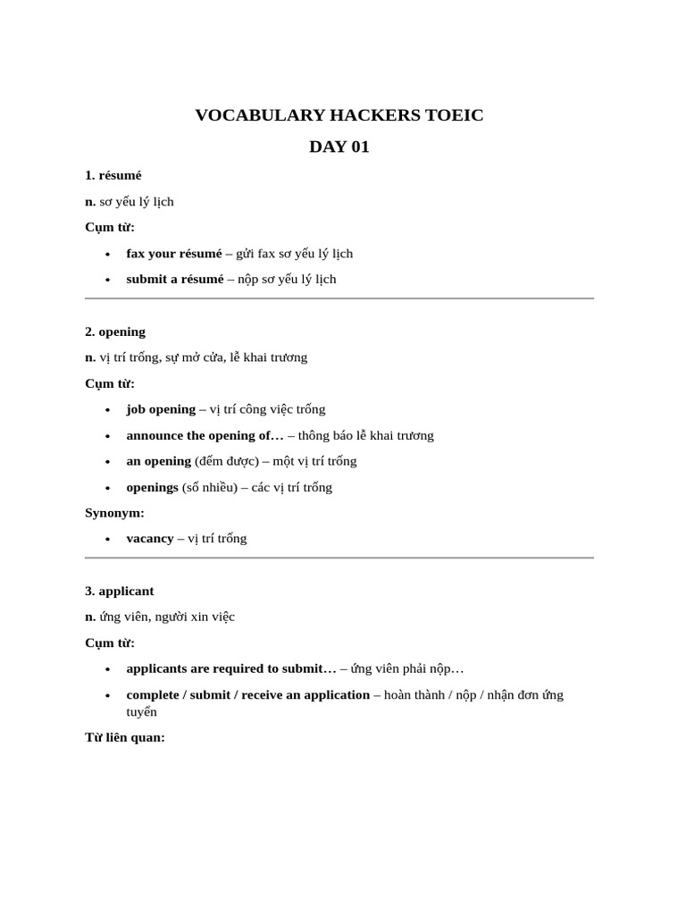 Vocabulary Hackers Toeic Day 01 | PDF
