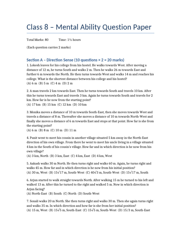Class 8 Mental Ability Question Paper | PDF | Euclidean Geometry ...