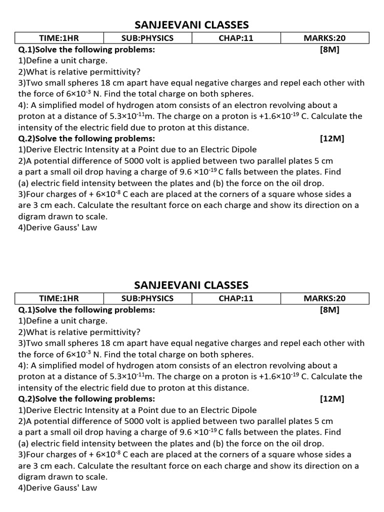 11th Sci Phy (11 Chap) | PDF | Electric Field | Proton