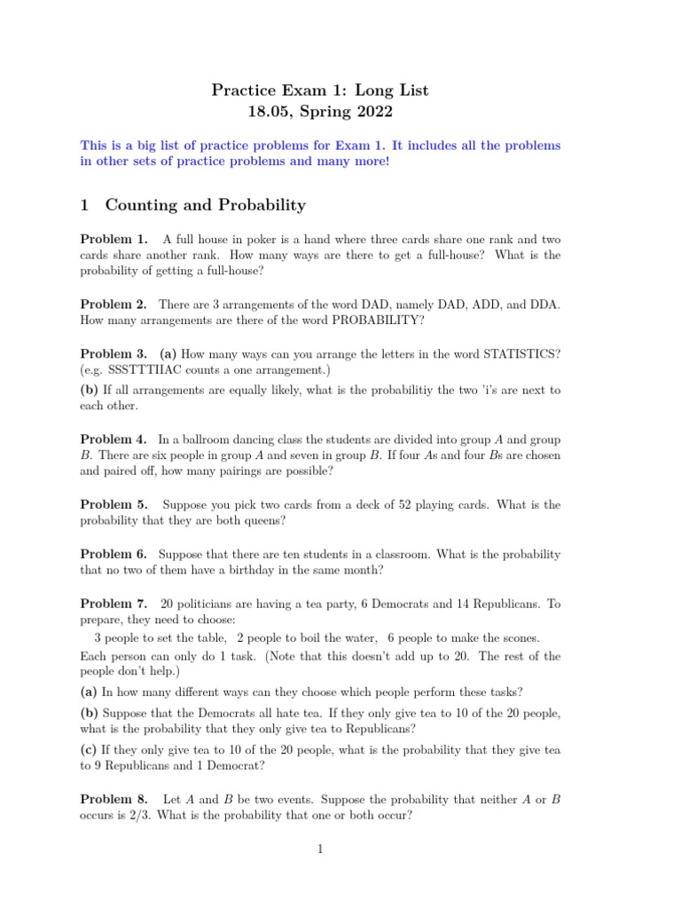 Spring 2022 Exam 1 Practice Problems | PDF | Probability Distribution ...