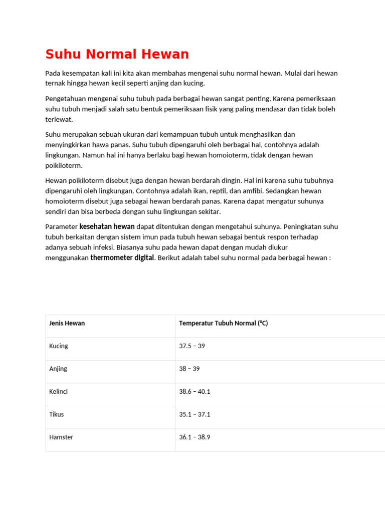 Suhu Normal Hewan | PDF