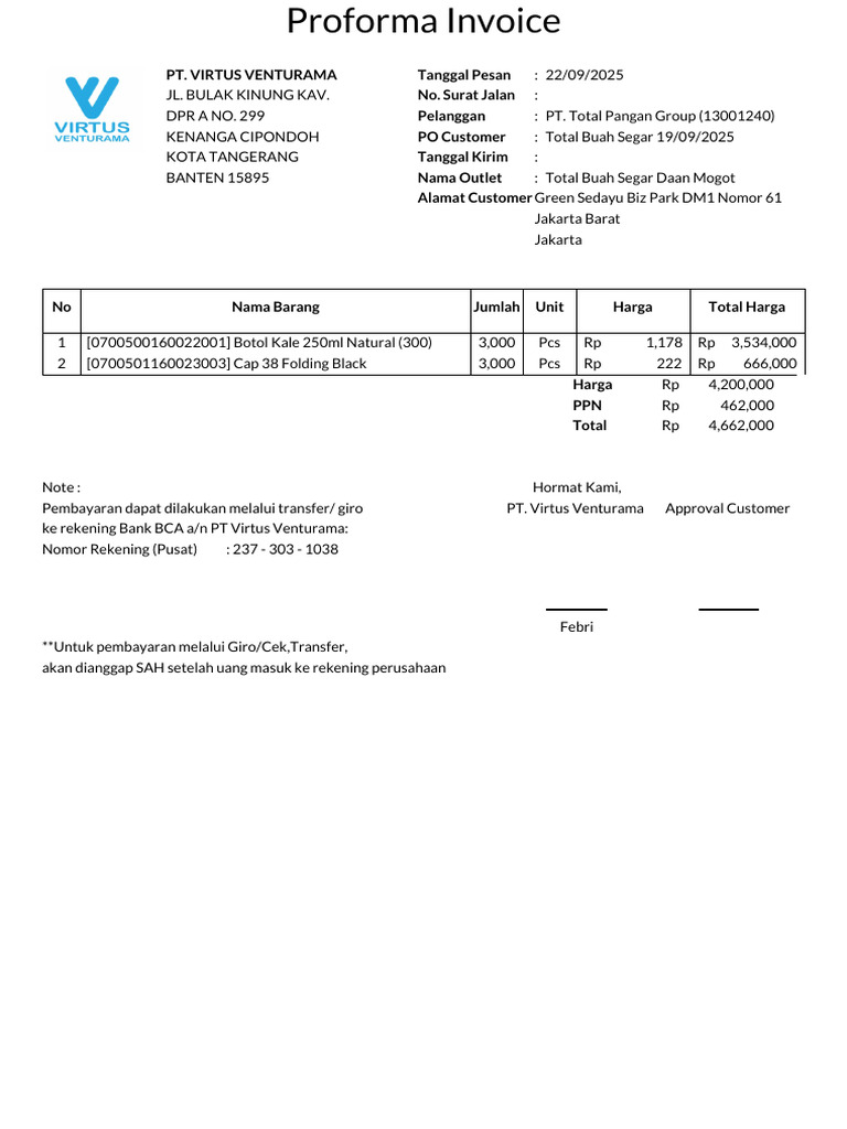 Proforma Invoice PT. Virtus Venturama | PDF